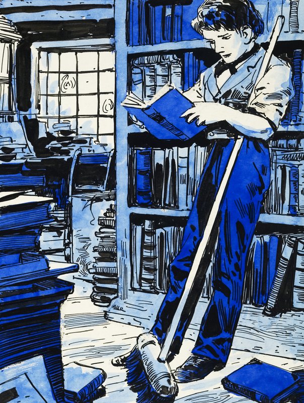 Servant boy reading Robinson Crusoe by English School