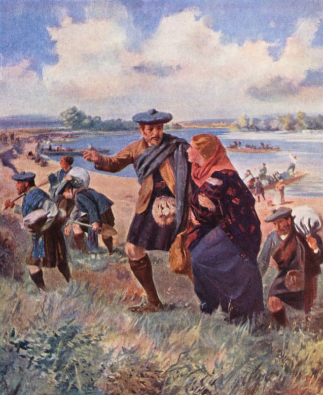 Settlers from Kildonan Arriving at the Red River, Manitoba by English School