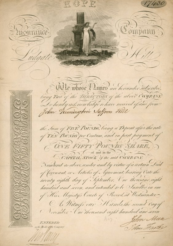 Share for the Hope Insurance Company, Ludgate Hill, London by English School