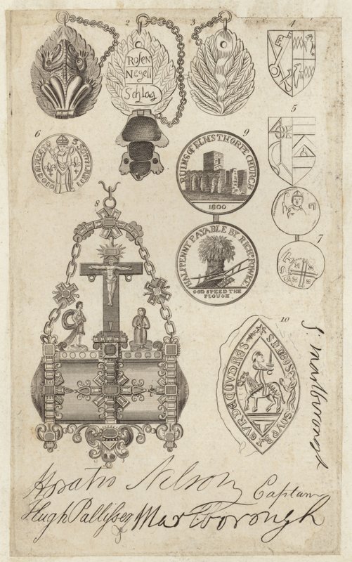 Sheet depicting coins, seals and tokens, with facsimiles of signatures by English School