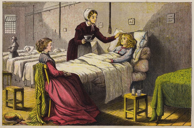 Sick Little Girl Being Cared for in Hospital by English School