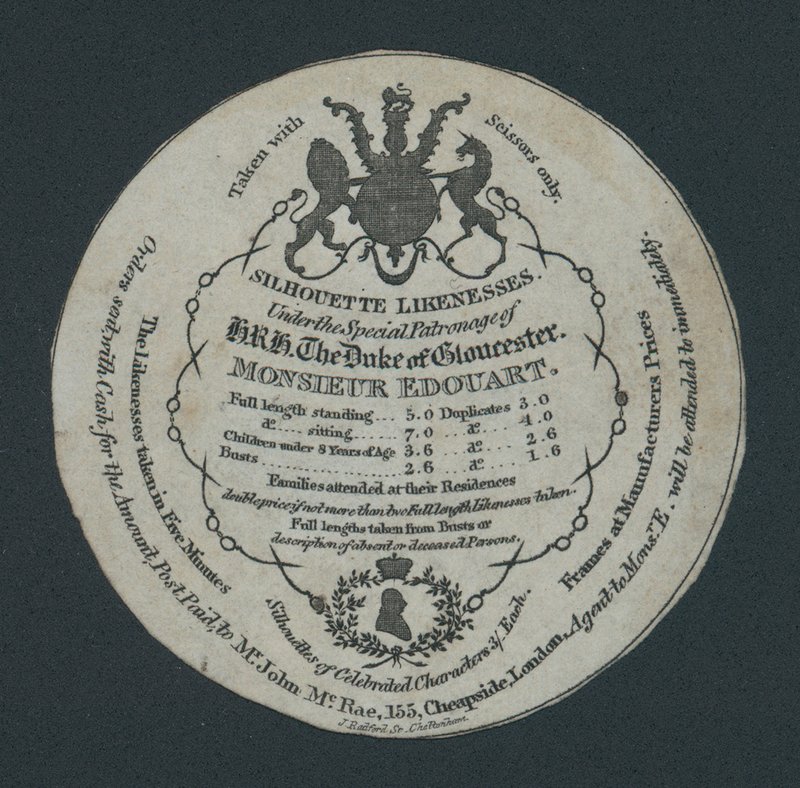 Silhouette Likenesses, Monsieur Edouart, Co 155 Cheapside, London, Trade Card by English School
