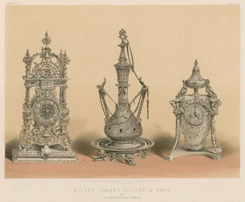 Silver Chased Clocks and Ewer by Barbedienne, Paris by English School