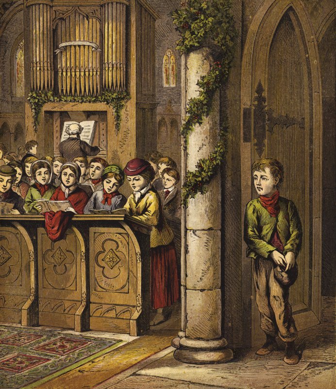 Singing Carols in Church, with Poor Boy Standing by Door by English School