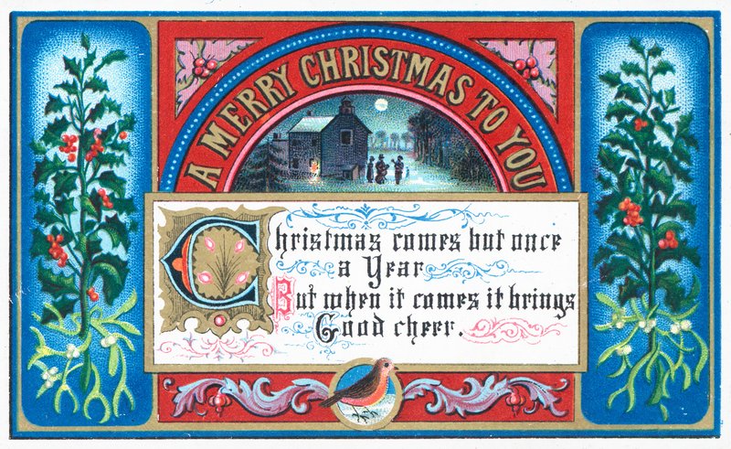 Singing carols under moonlight, Christmas Card by English School