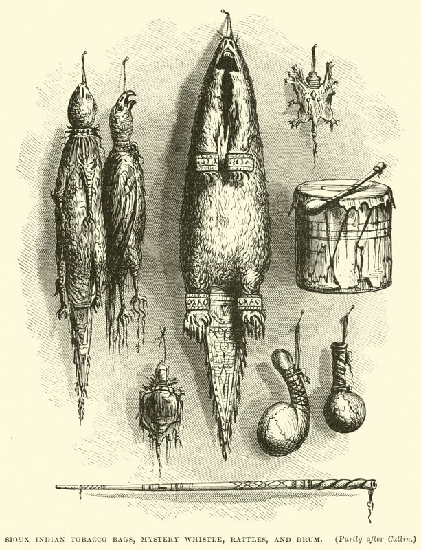 Sioux Indian Tobacco Bags, Mystery whistle, rattles, and drum by English School