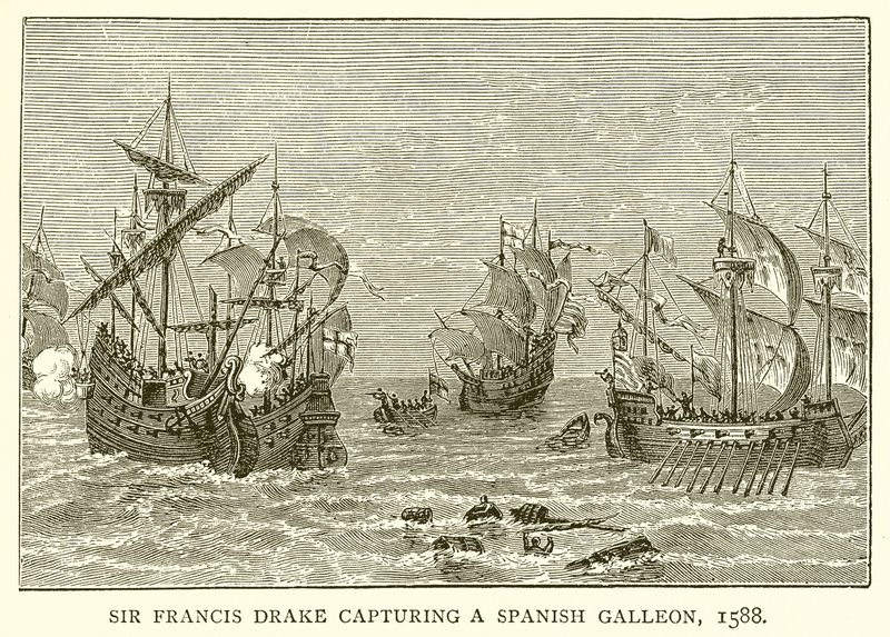 Sir Francis Drake capturing a Spanish Galleon, 1588 by English School
