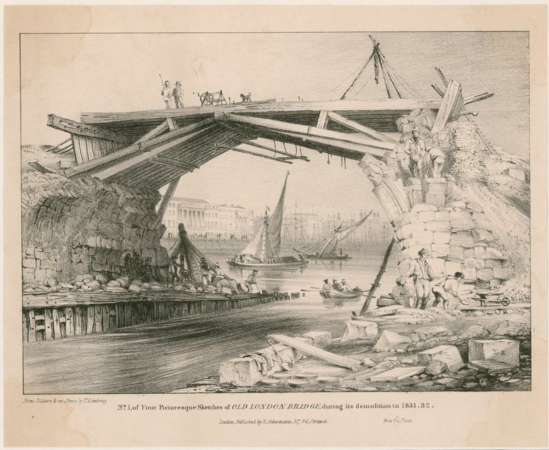 Sketch of Old London Bridge during its demolition in 1831, 1832 by English School