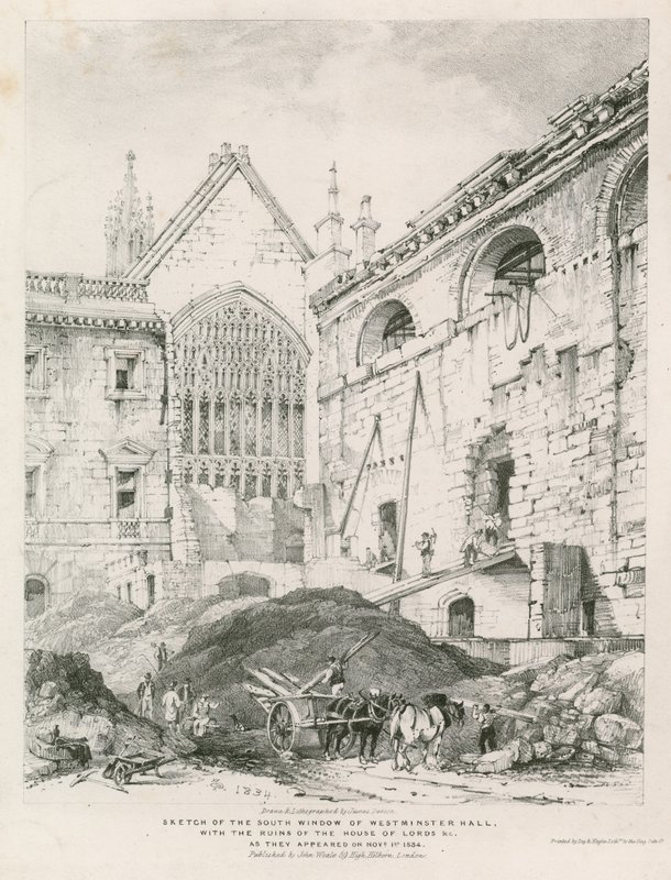Sketch of the South Window of Westminster Hall with the Ruins of the House of Lords by English School