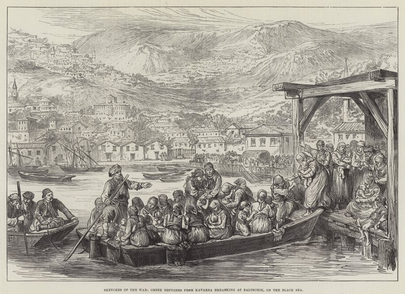 Sketches of the War, Greek Refugees from Kavarna embarking at Baltschik, on the Black Sea by English School