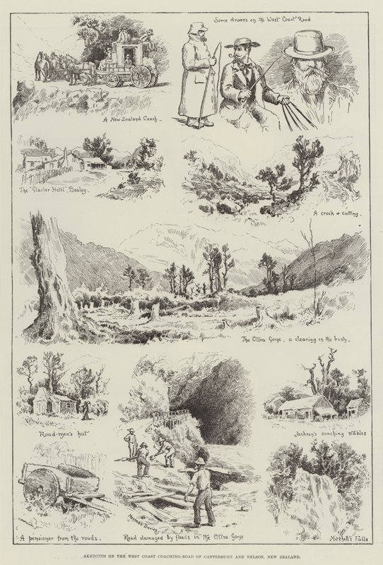 Sketches on the West Coast Coaching-Road of Canterbury and Nelson, New Zealand by English School