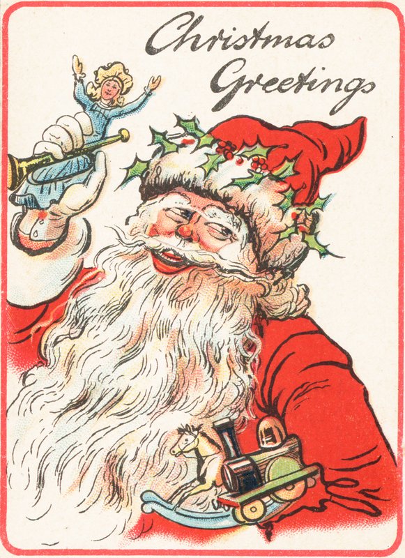 Smiling Santa holding toys by English School