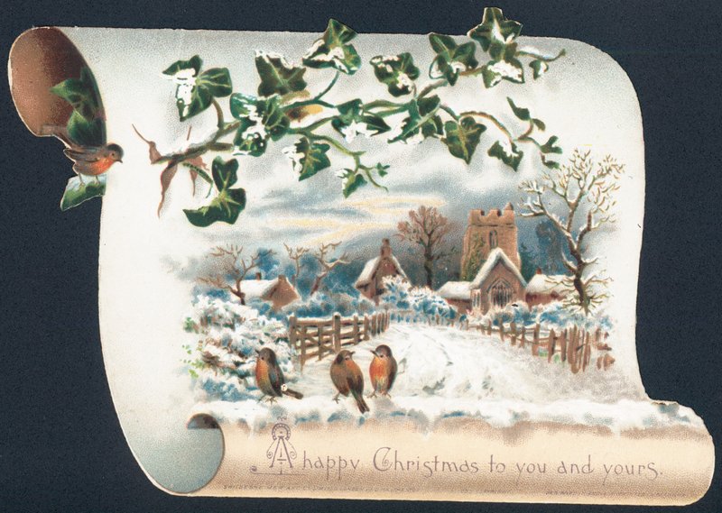 Snow Scene with Robins and Church, Christmas Card by English School