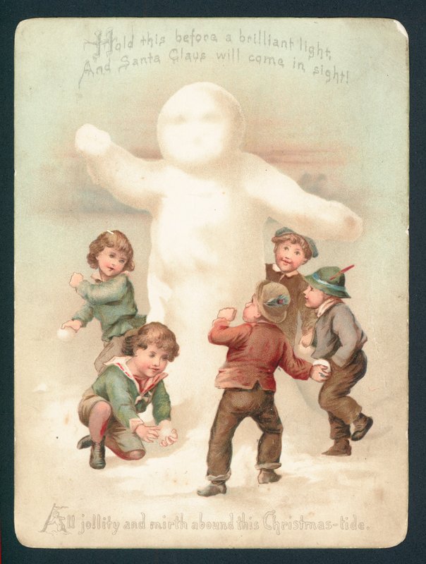Snowman, children and snowballs by English School