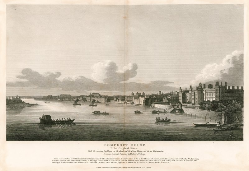 Somerset House, London, in its original state with the various buildings on the banks of the River Thames as far as Westminster by English School
