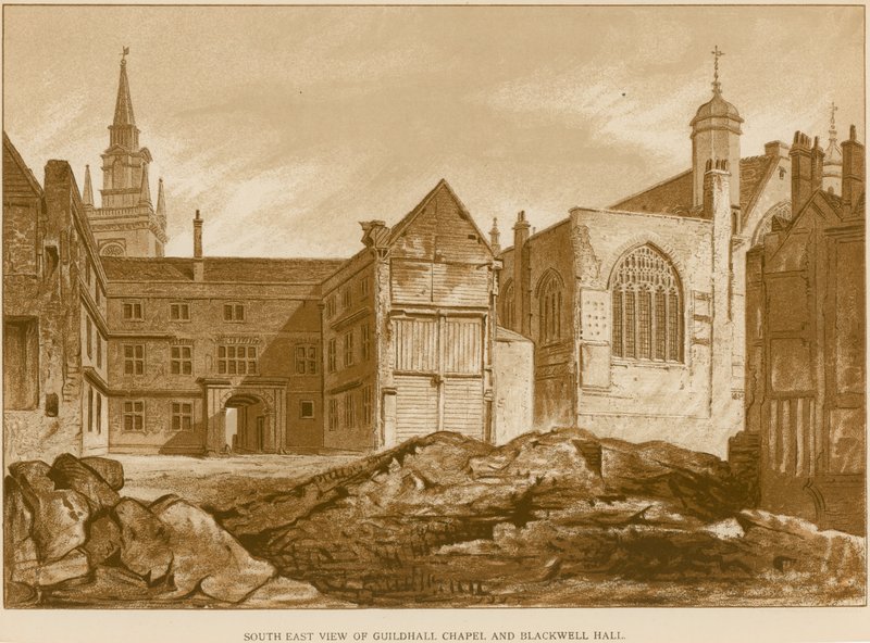 South East View of Guildhall Chapel and Blackwell Hall, London by English School