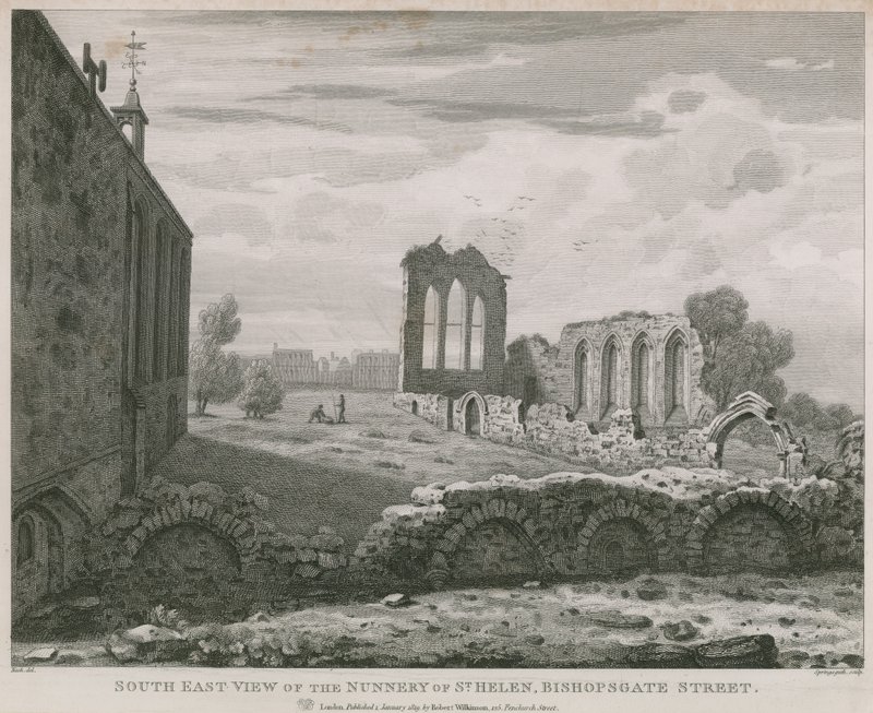 South East View of the Nunnery of St Helen, Bishopsgate Street, London by English School