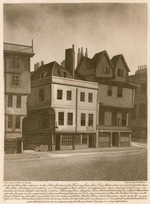 South east view of the entrances to Little Sanctuary and to Thieving Lane from King Street by English School