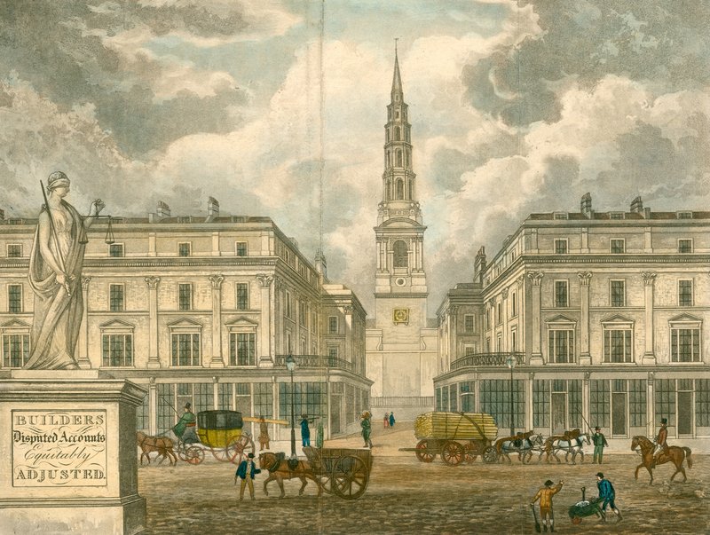 St Brides Church, Fleet Street, London; from an advert for Z Skyring, surveyor, Primrose Street, Bishopsgate by English School