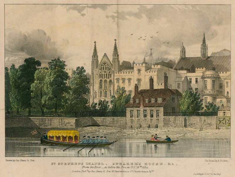 St Stephens Chapel, Speakers House, etc, Westminster, London, from the River Thames by English School
