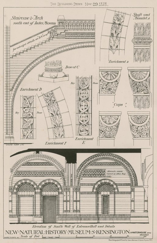 Staircase and Arch and elevation of south wall of the entrance hall of the new Natural History Museum, South Kensington by English School