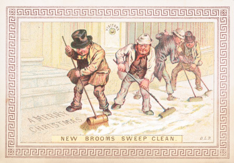 Sweeping away snow in the street, Christmas Card by English School