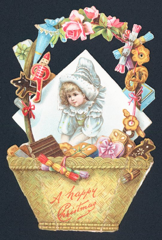 Sweet Basket and Picture of Girl, Christmas Card by English School