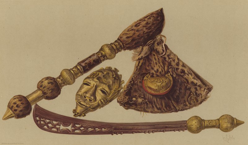 Sword, axe, and gold mask captured in the Ashantee Expedition by English School