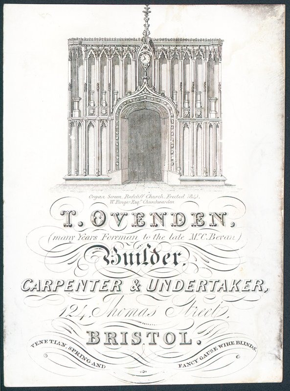 T Ovenden, Builder, Carpenter and Undertaker, Trade Card by English School