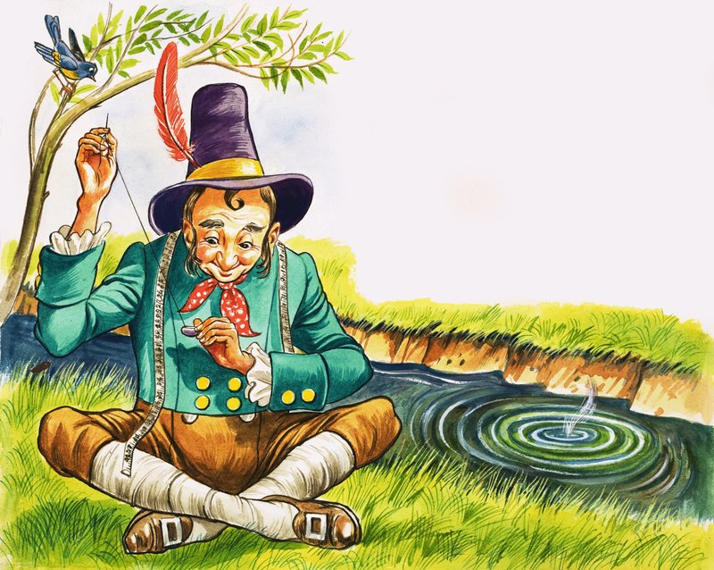 Tailor sewing by a stream by English School