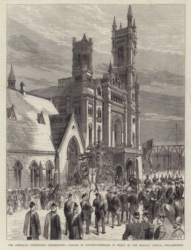 The American Centennial Celebration, Parade of Knights-Templars in Front of the Masonic Temple, Philadelphia (engraving) by English School