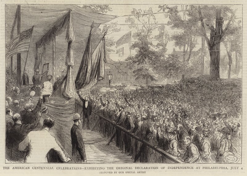 The American Centennial Celebrations, exhibiting the Original Declaration of Independence at Philadelphia, 4 July (engraving) by English School