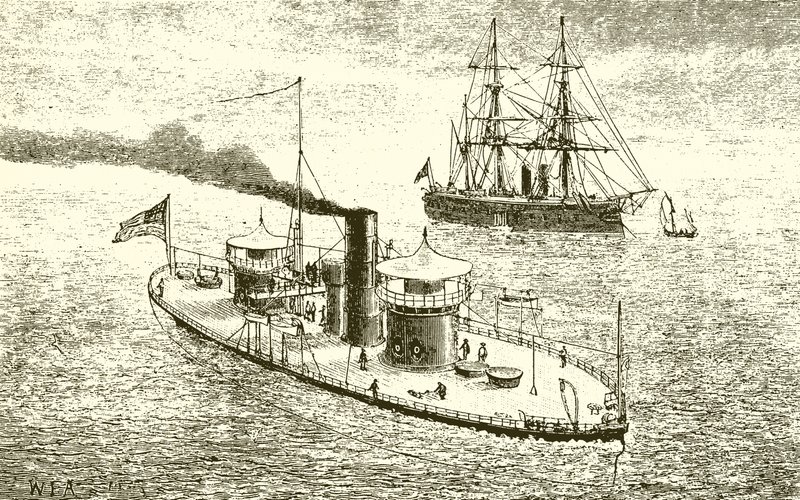 The American Twin-Turreted Warship Miantonoma and Ironclad by English School