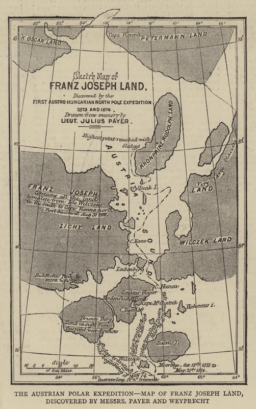 The Austrian Polar Expedition, Map of Franz Joseph Land, discovered by Messers Payer and Weyprecht (engraving) by English School