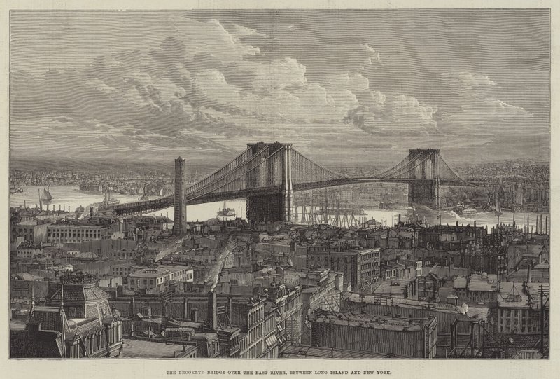 The Brooklyn Bridge over the East River, between Long Island and New York (engraving) by English School