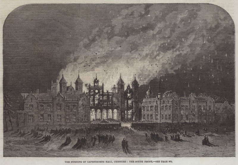 The Burning of Capesthorne Hall, Cheshire, the South Front by English School