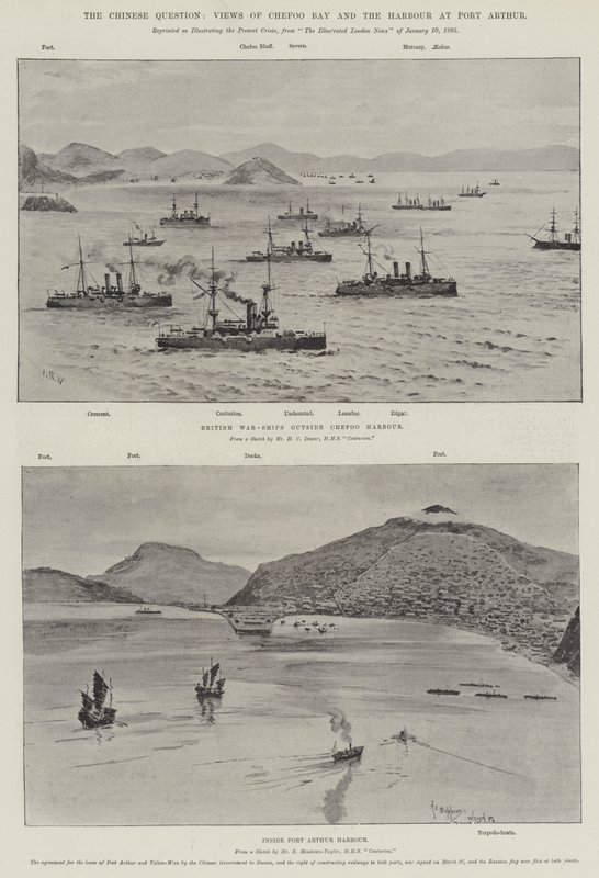 The Chinese Question, Views of Chefoo Bay and the Harbour at Port Arthur by English School
