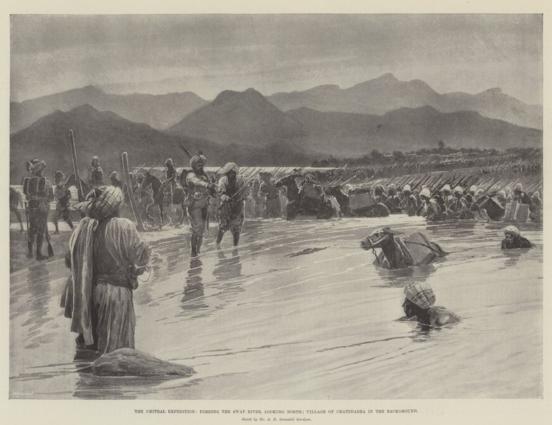 The Chitral Expedition, fording the Swat River, looking North; Village of Chatedarra in the Background by English School