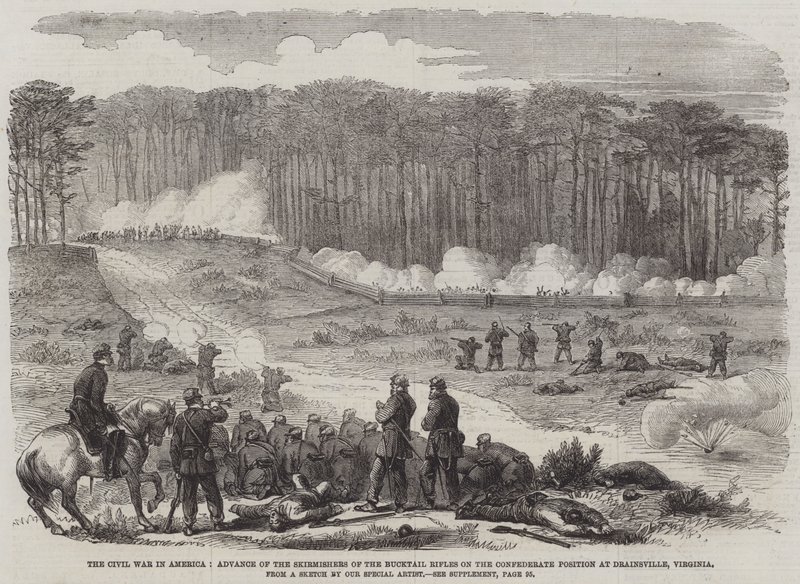 The Civil War in America, Advance of the Skirmishers of the Bucktail Rifles on the Confederate Position at Drainsville, Virginia by English School
