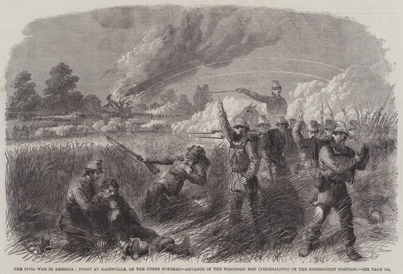 The Civil War in America, Fight at Hainsville, on the Upper Potomac, Advance of the Wisconsin Men (Federalists) on the Secessionist Position by English School