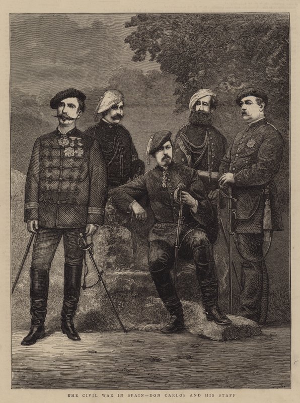 The Civil War in Spain, Don Carlos and his Staff (engraving) by English School