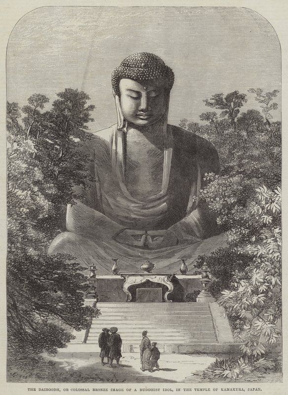 The Daiboodh, or Colossal Bronze Image of a Buddhist Idol, in the Temple of Kamakura, Japan by English School