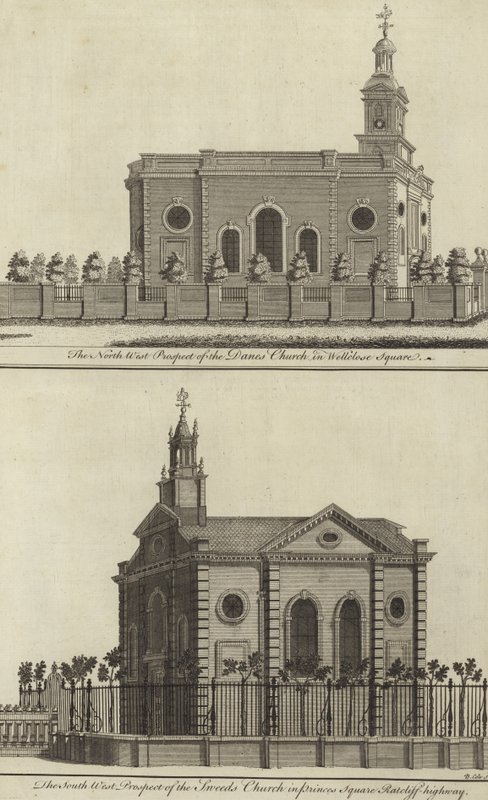 The Danes Church in Wellclose Square and the Swedes Church in Princes Square, Ratcliff Highway, London by English School