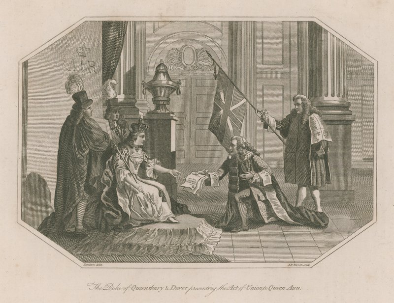 The Duke of Queensbury and Dover Presenting the Act of Union to Queen Anne by English School