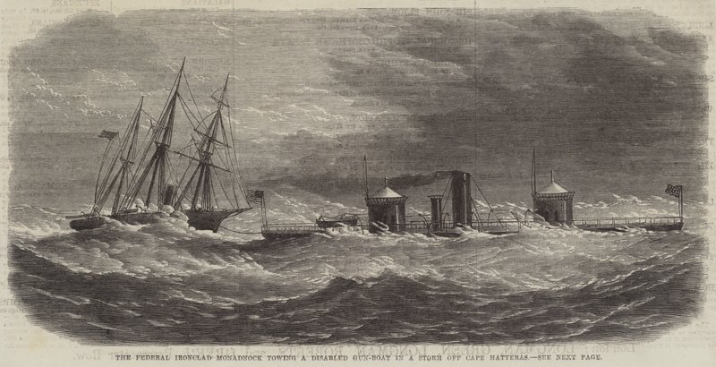 The Federal Ironclad Monadnock towing a Disabled Gun-Boat in a Storm off Cape Hatteras by English School