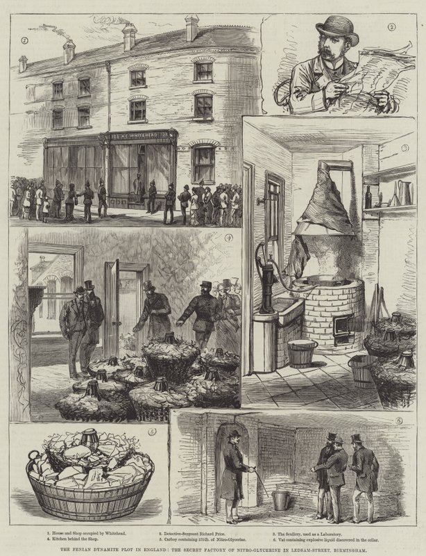 The Fenian Dynamite Plot in England, the Secret Factory of Nitro-Glycerine in Ledsam-Street, Birmingham (engraving) by English School