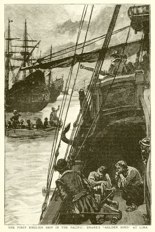 The First English Ship in the Pacific: Drakes Golden Hind at Lima by English School