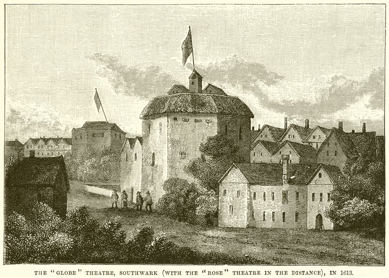 The Globe Theatre, Southwark (With the Rose Theatre in the Distance), in 1613 by English School