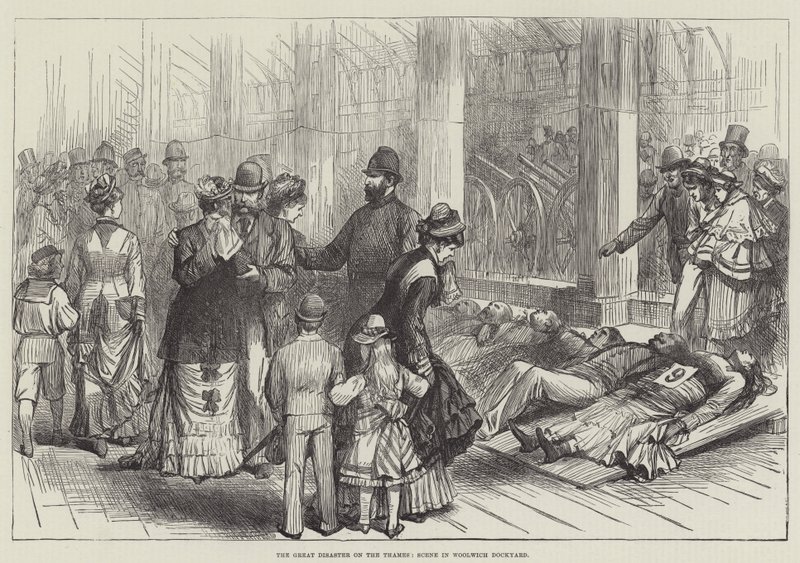 The Great Disaster on the Thames, Scene in Woolwich Dockyard by English School