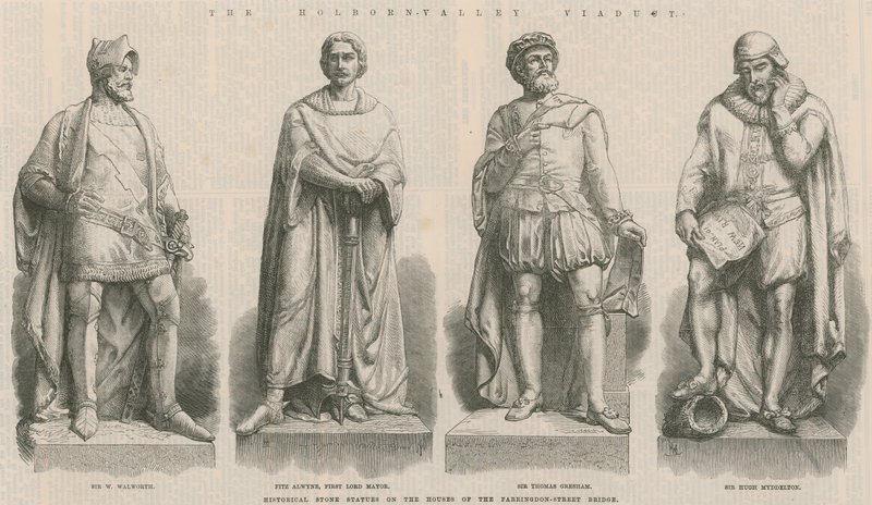The Holborn Viaduct: Historical Stone Statues on the Houses of the Farringdon Street Bridge by English School